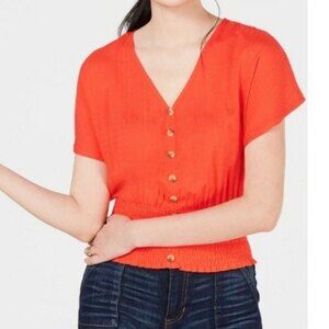 NWT Planet Gold Button Up Smocked Top, size XS color mandarin red
